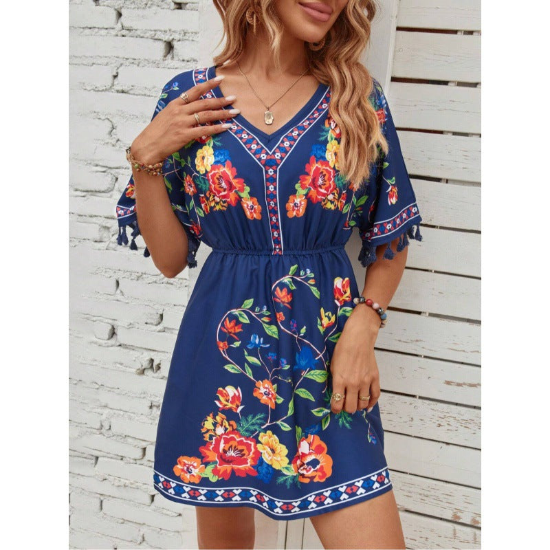 Esmeralda Fuentes | Bohemian Floral Print Mini Dress with Tassel Trim