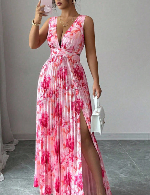 Victoria Beckwith | Floral Deep V-Neck Pleated Maxi Dress