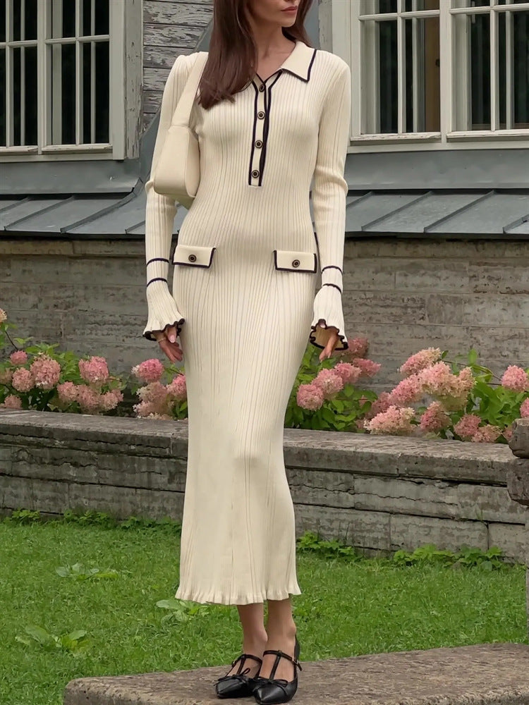 Penelope Green | Ribbed Knit Collared Midi Dress