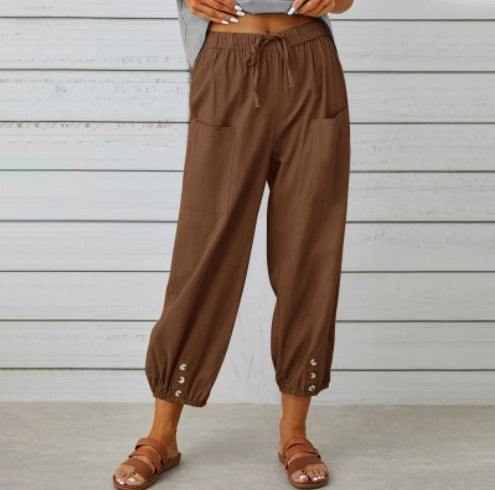 Paloma Delgado | Relaxed Drawstring Cropped Trousers with Button Hem