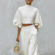Théa Montclair | White Textured Crop Top & Wide-Leg Trouser Set