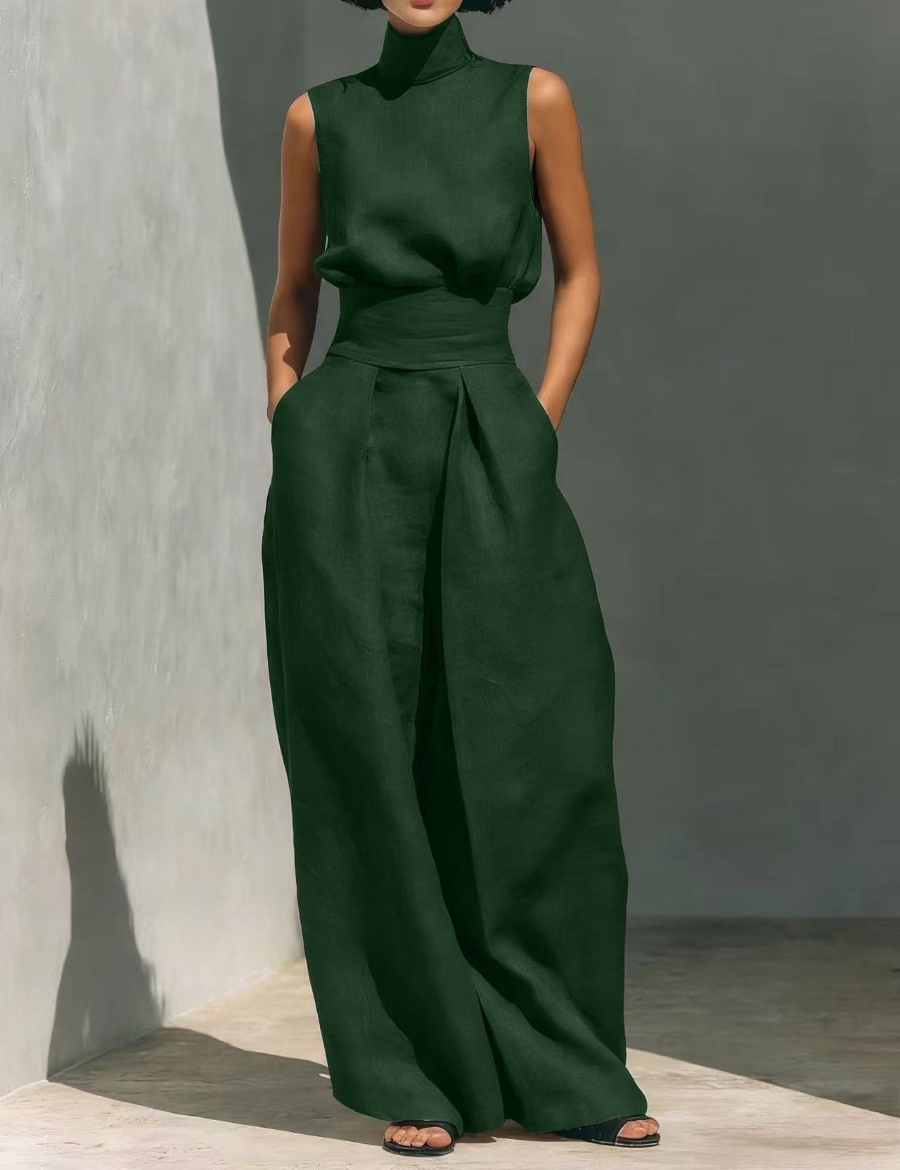 Nadia Serrano | Linen-Look Turtleneck Top & Wide-Leg Trouser Set