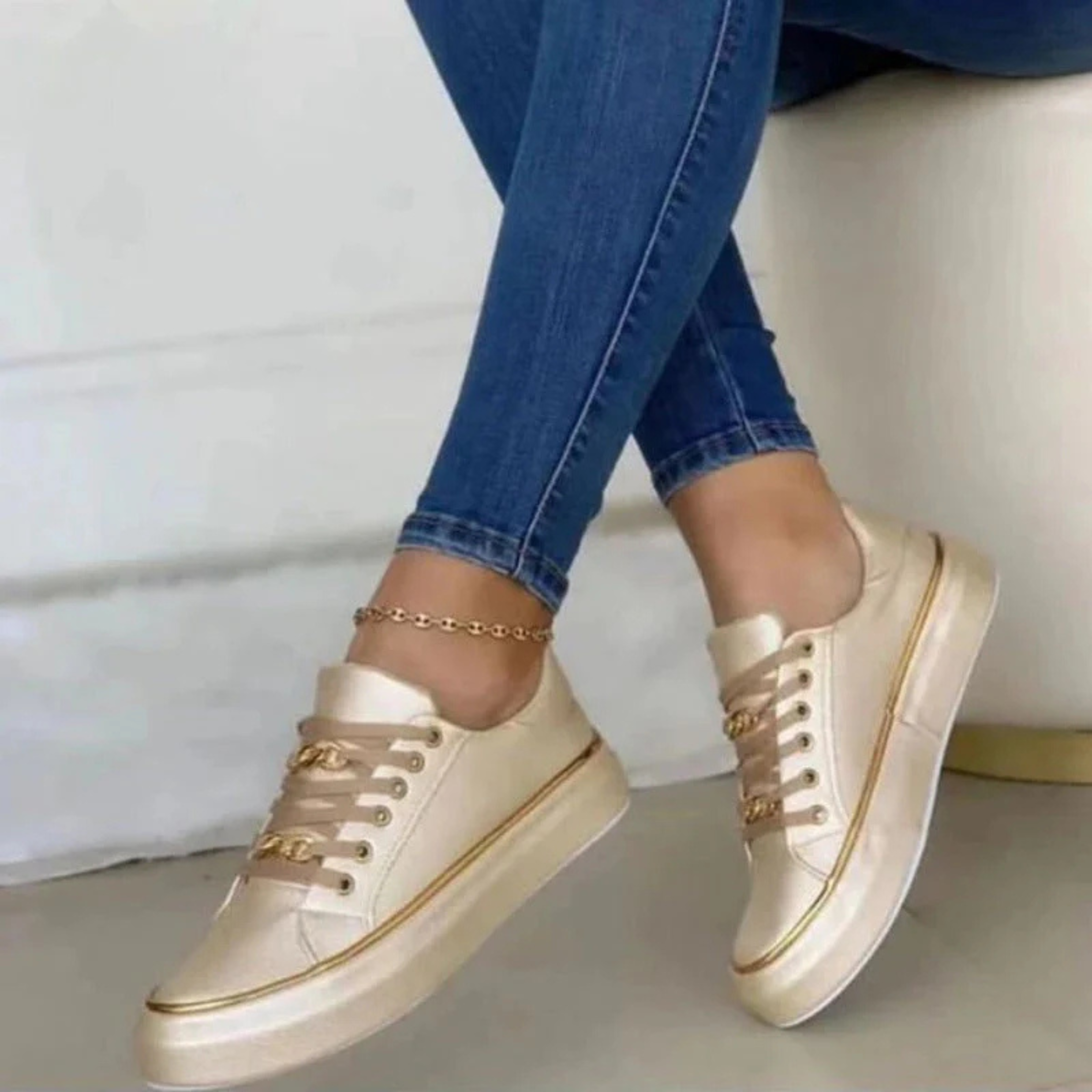 Cecily Hartwell | Gold Chain Lace-Up Sneakers | Luxe Flatform