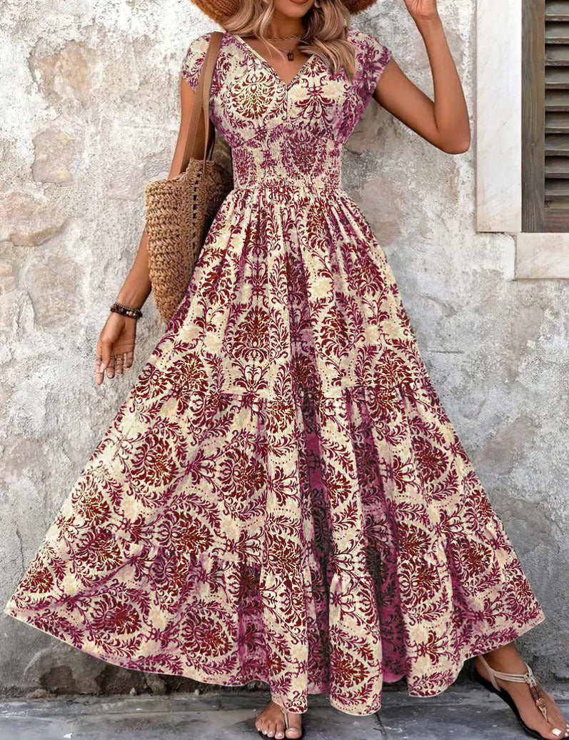 Cecily Wood | Tropical Leaf Print V-Neck Maxi Dress