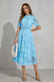 Arabella Courtney | Ornate Lace High-Neck Midi Dress in Fuchsia Pink
