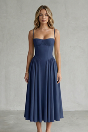 Eleanor Whitfield | Sage Green Corset Midi Dress – Structured Pleated