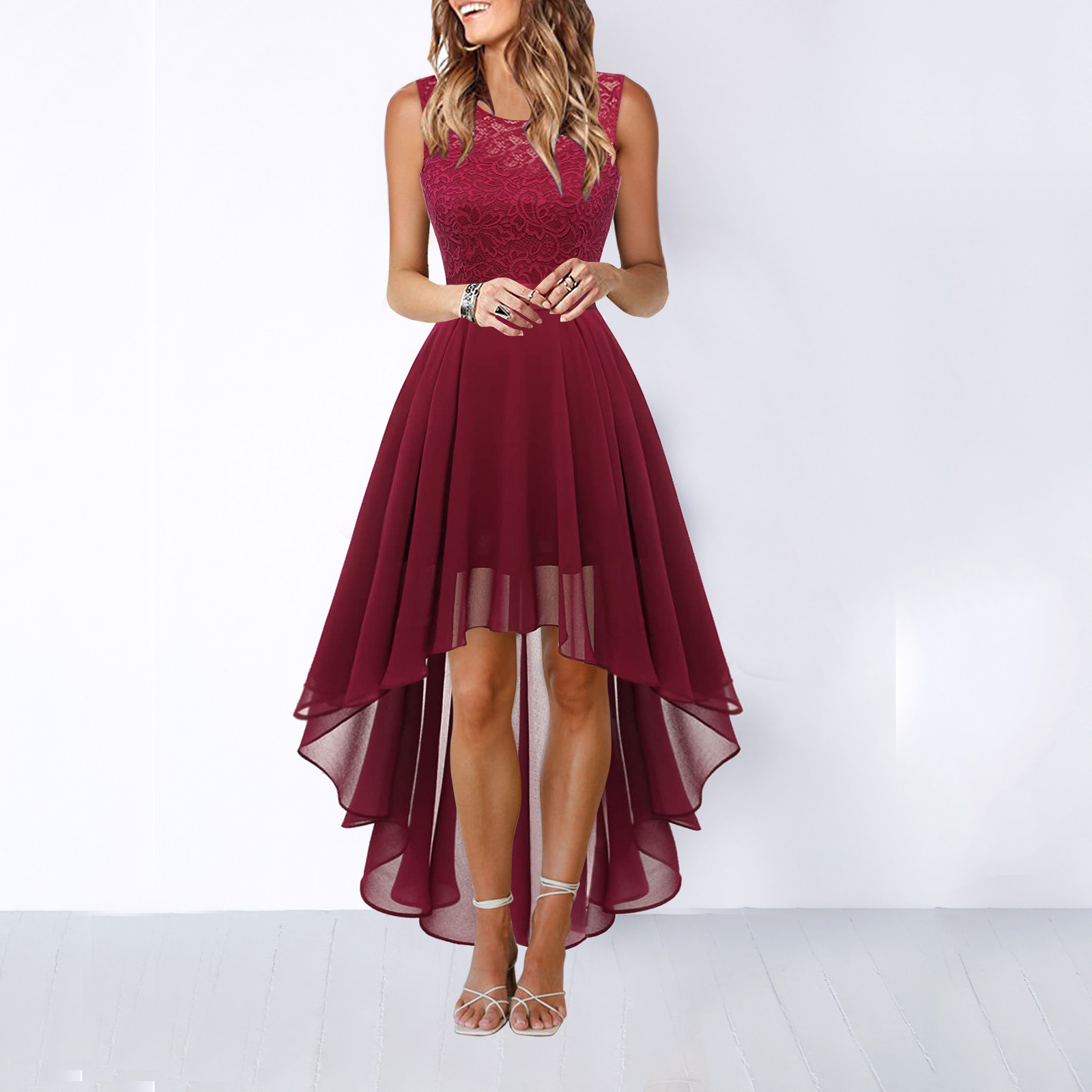 Ophelia Renard | Asymmetrical High-Low Evening Dress in Burgundy Lace