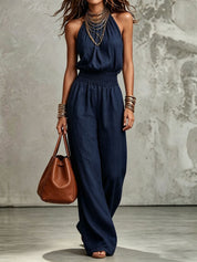 Cecily Adams | Halter Neck Wide-Leg Jumpsuit with Smocked Waist