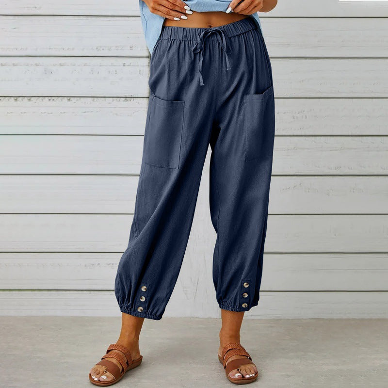 Paloma Delgado | Relaxed Drawstring Cropped Trousers with Button Hem