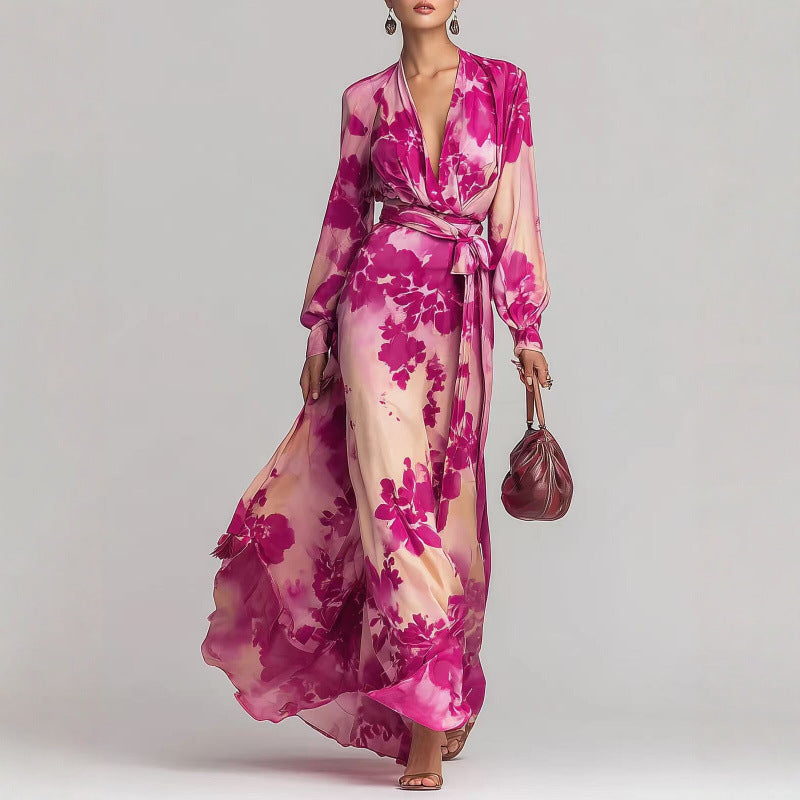 Isadora Veltri | Chiffon Floral Maxi Dress Deep V Lantern Sleeve