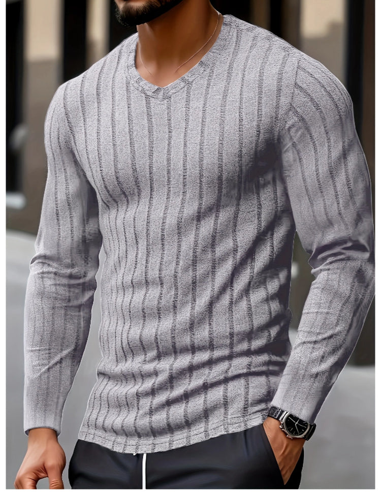 Edward Foxley | Striped Ribbed V-Neck Knit Sweater