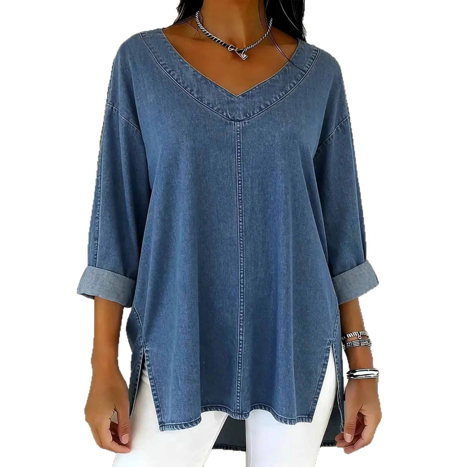 Saoirse Callahan | Washed Denim V-Neck Tunic Top with Side Splits