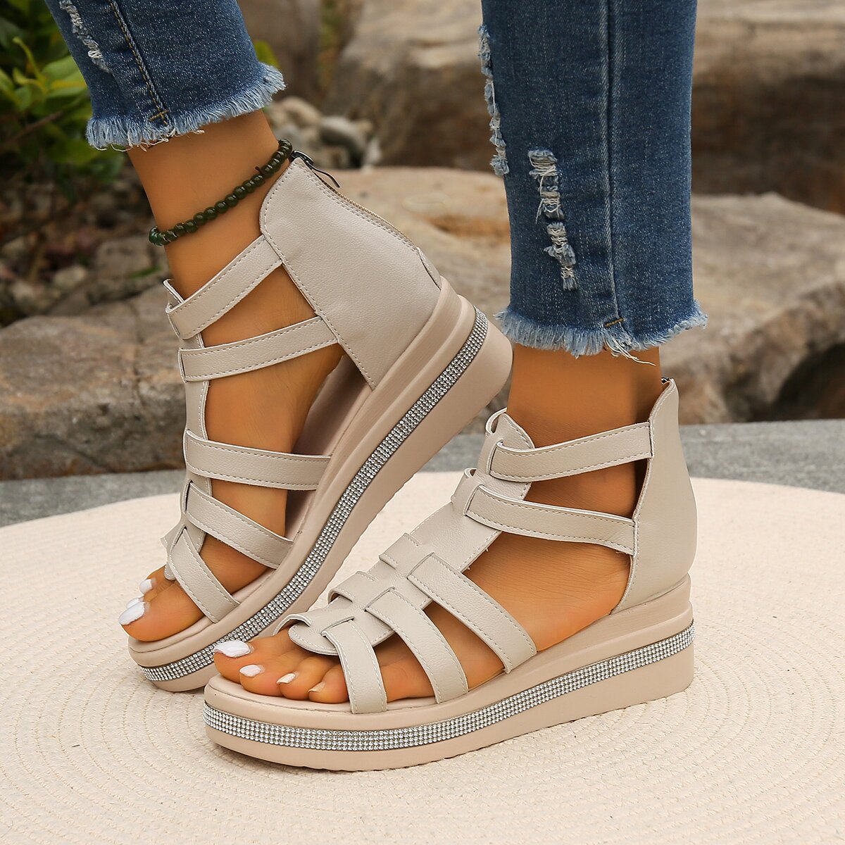 Tabitha Green | Black Gladiator Platform Sandals with Rhinestone Sole