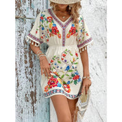 Esmeralda Fuentes | Bohemian Floral Print Mini Dress with Tassel Trim