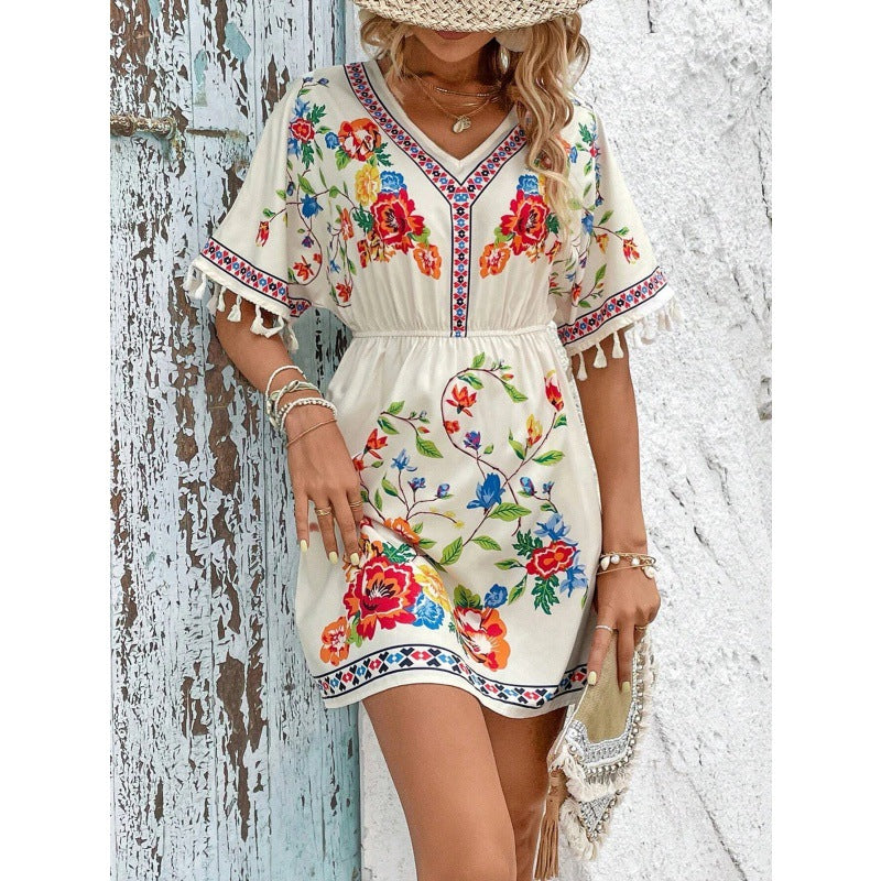 Esmeralda Fuentes | Bohemian Floral Print Mini Dress with Tassel Trim