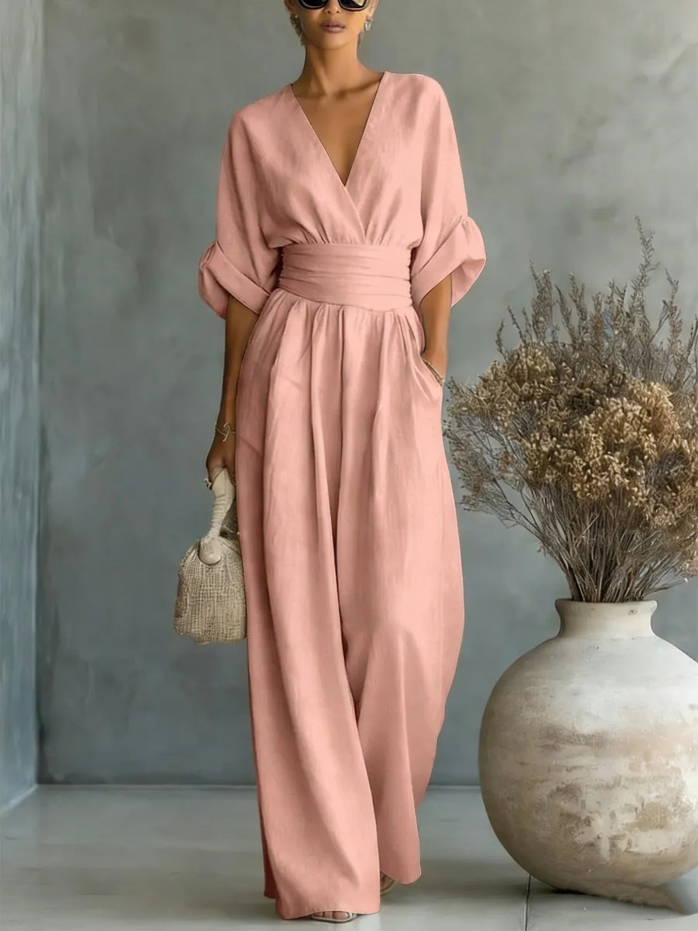 Celeste Navarro | Wide-Leg Linen Jumpsuit with Wrap Waist