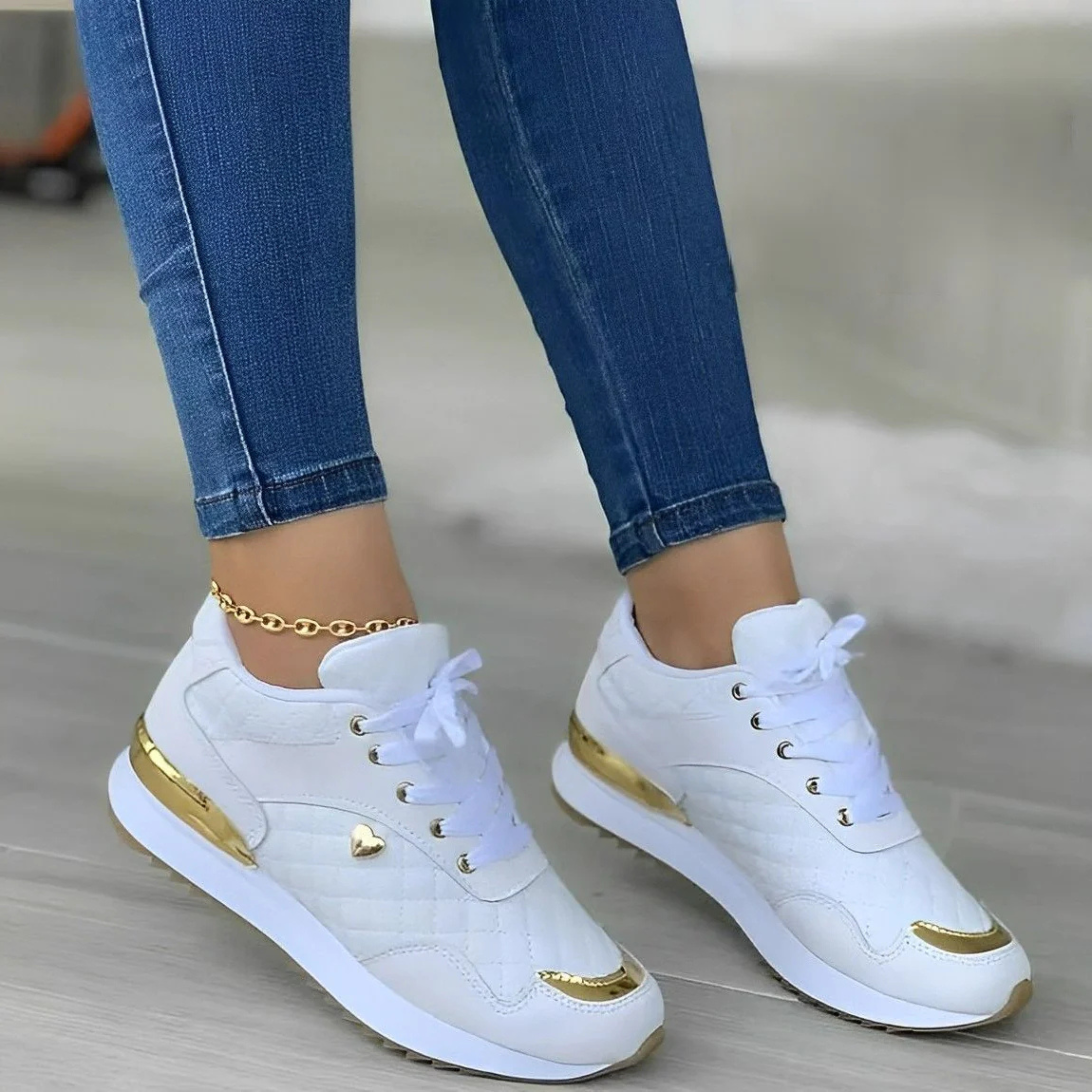 Rosie Blackwood | White & Gold Fashion Sneakers with Heart Detail