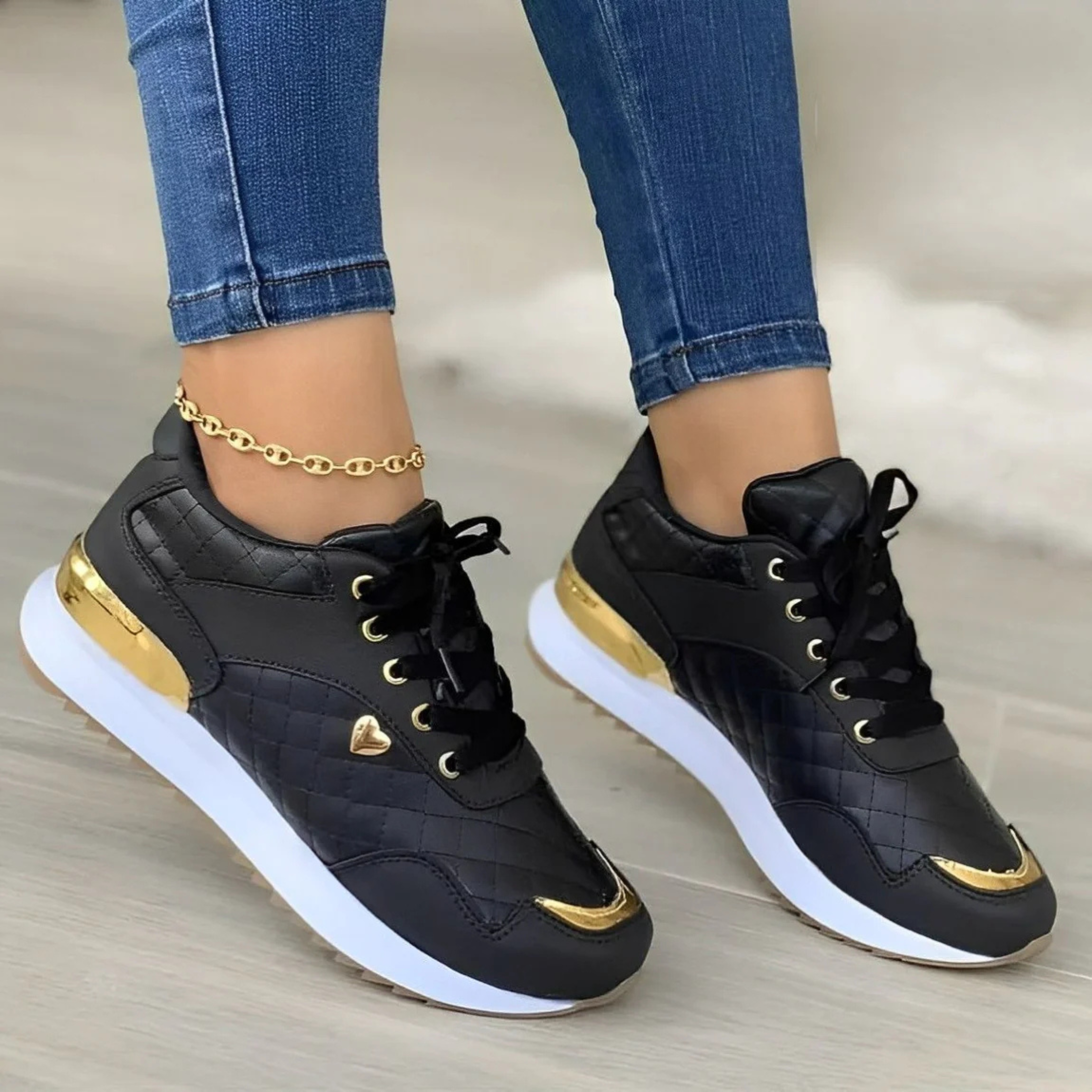 Rosie Blackwood | White & Gold Fashion Sneakers with Heart Detail