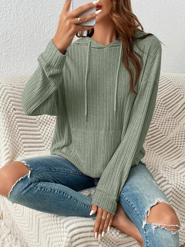 Clara Ashgrove | Ribbed Knit Hoodie With Drawstring Hood For Women