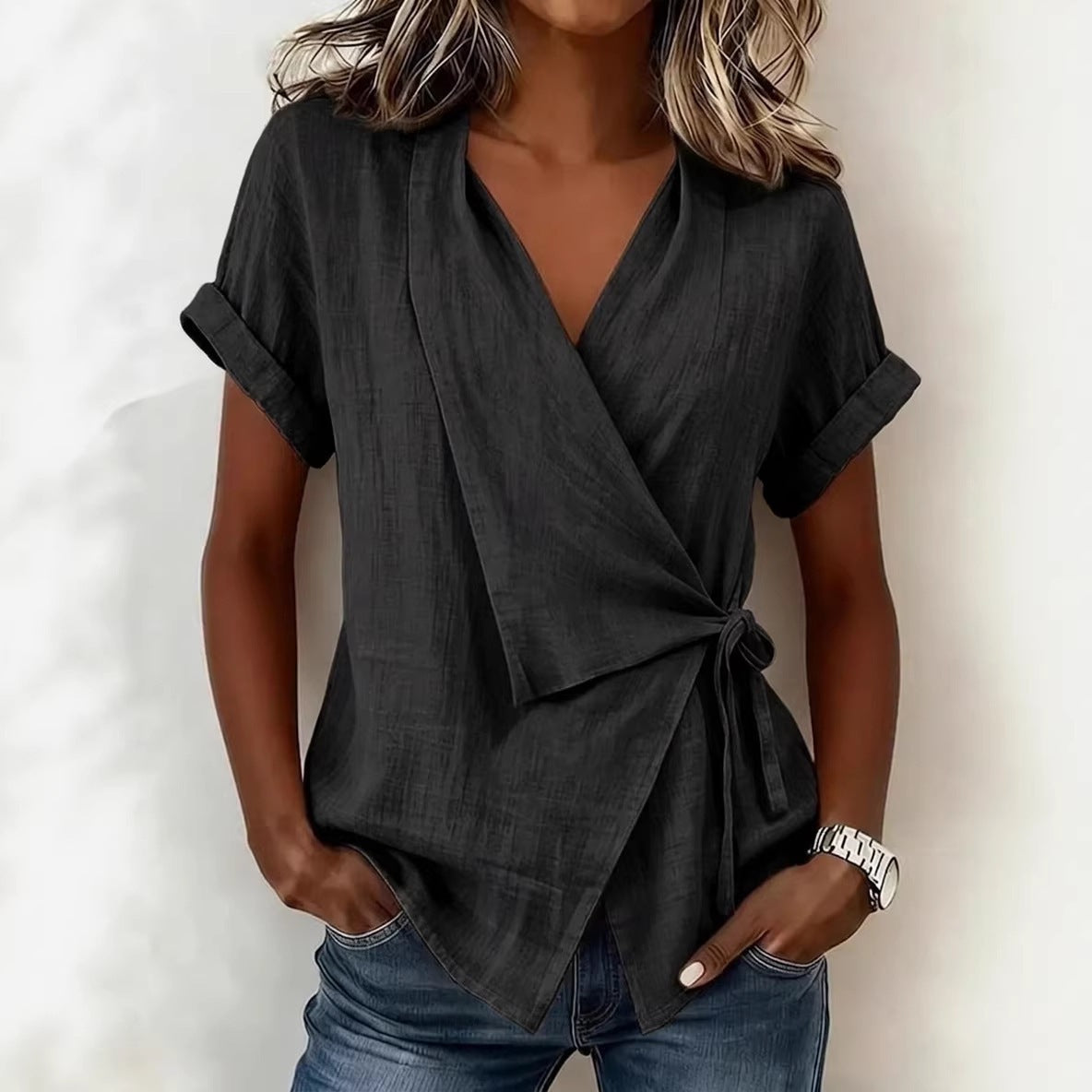 Camille Rousseau | Linen Wrap Blouse with Tie Waist