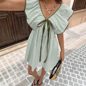 Fleur Beaumont | V-Neck Ruffle Flutter-Sleeve Mini Dress with Bow