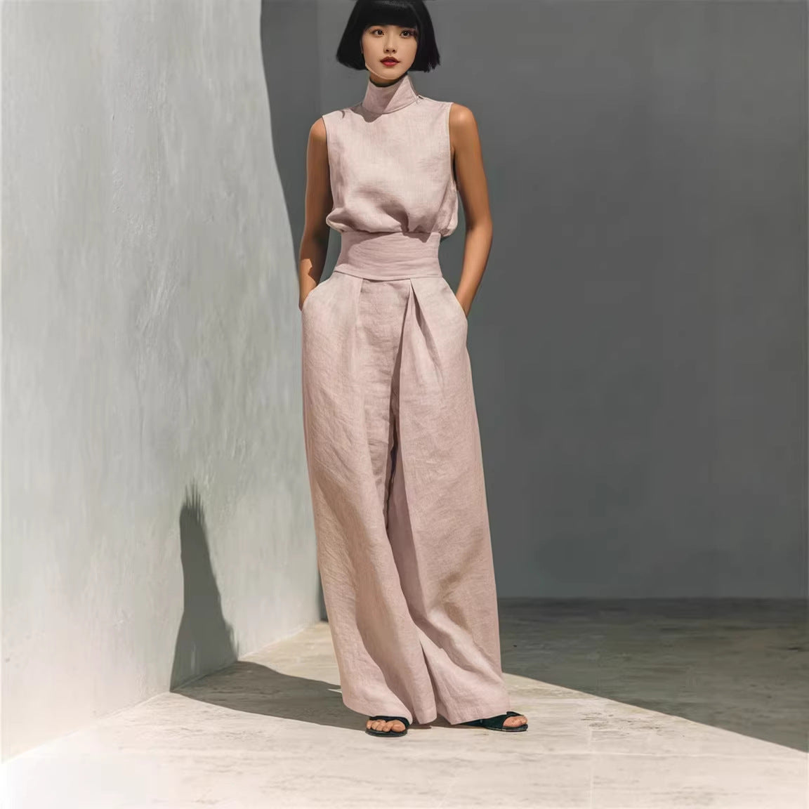 Nadia Serrano | Linen-Look Turtleneck Top & Wide-Leg Trouser Set