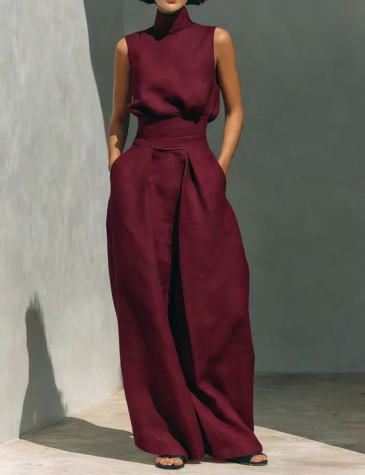 Nadia Serrano | Linen-Look Turtleneck Top & Wide-Leg Trouser Set