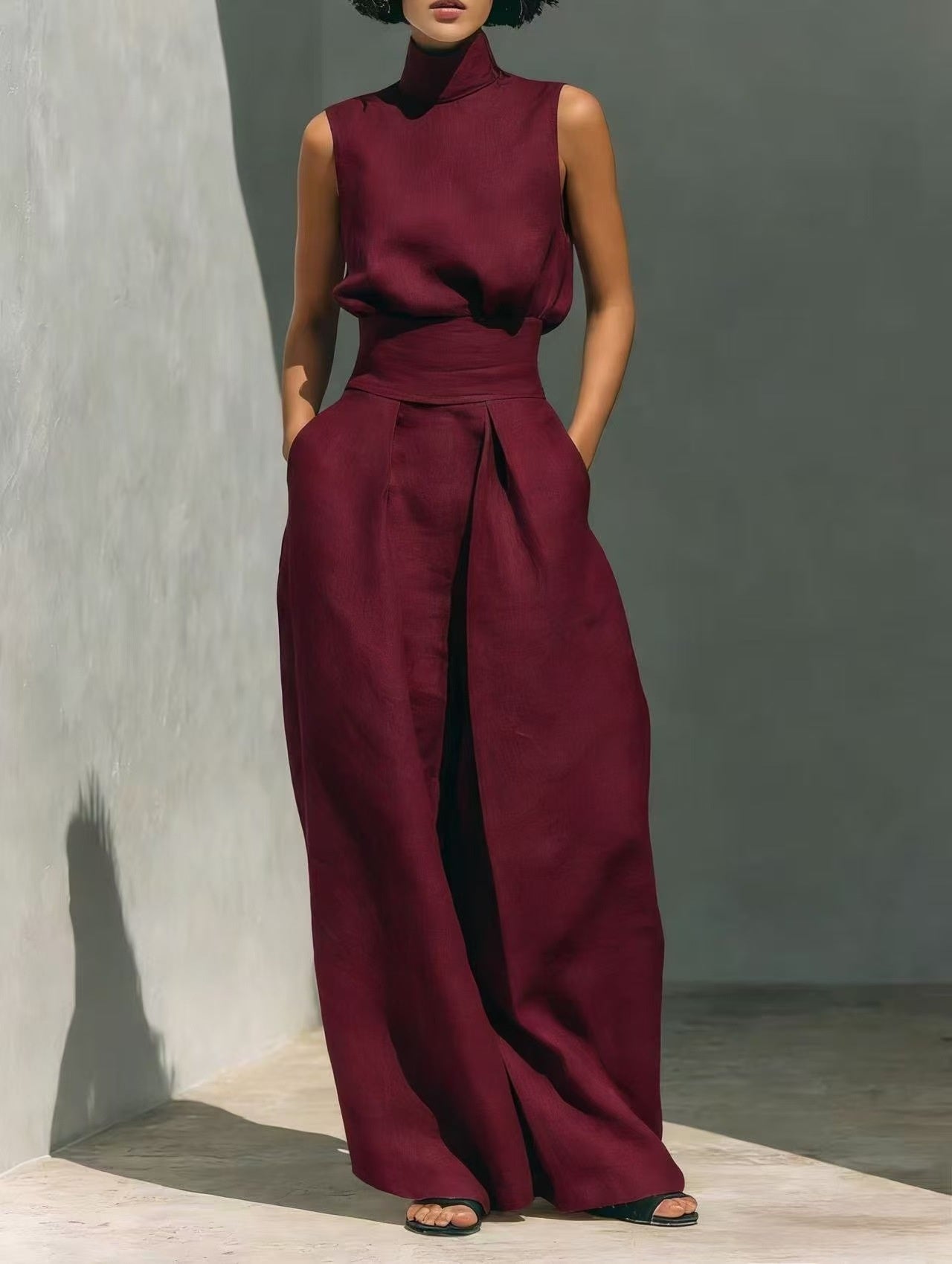 Nadia Serrano | Linen-Look Turtleneck Top & Wide-Leg Trouser Set