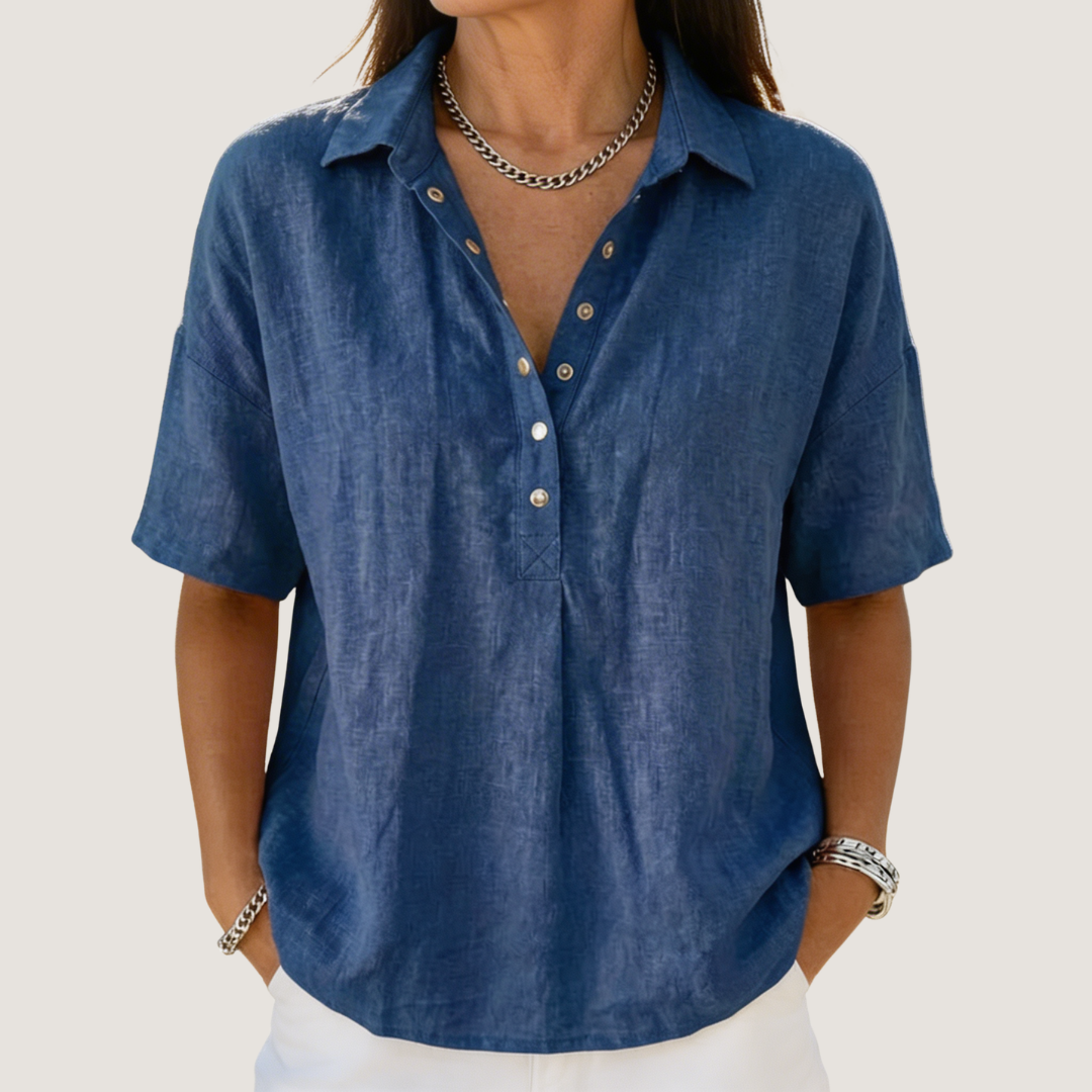 Quinley | Casual Linen Button-Up Collar Shirt in Denim Blue