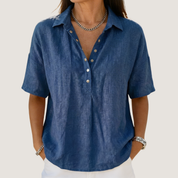 Quinley | Casual Linen Button-Up Collar Shirt in Denim Blue