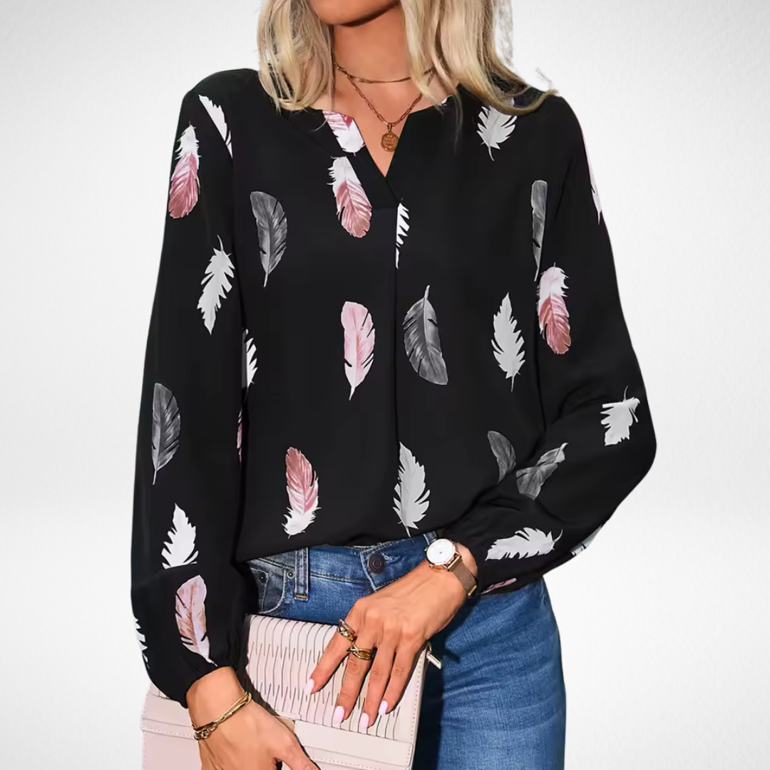Georgia Marlowe | Feather Print Blouse With Bishop Sleeves