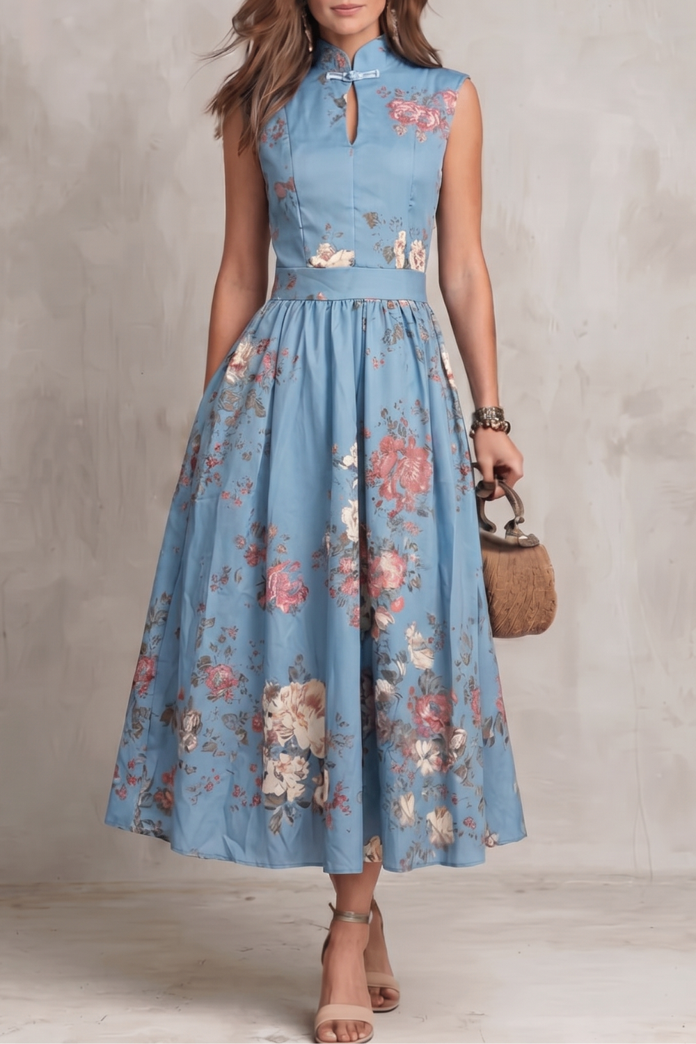 Dorothea Reynolds | Noirelle Vintage Floral Midi Dress with Keyhole Mandarin Collar