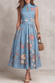 Dorothea Reynolds | Noirelle Vintage Floral Midi Dress with Keyhole Mandarin Collar