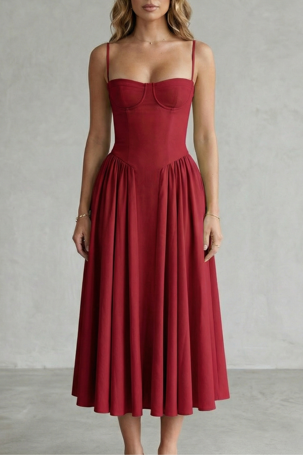 Eleanor Whitfield | Sage Green Corset Midi Dress – Structured Pleated