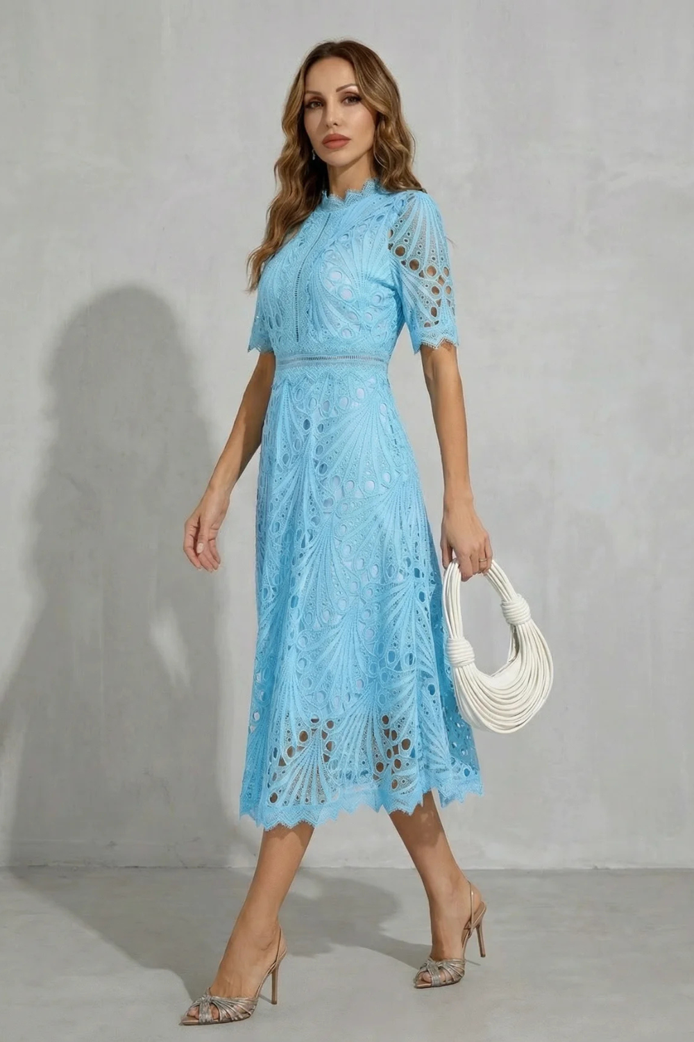 Arabella Courtney | Ornate Lace High-Neck Midi Dress in Fuchsia Pink