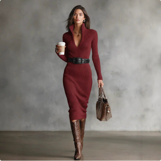 Eleanor Robinson | Ribbed Knit V-Neck Midi Dress