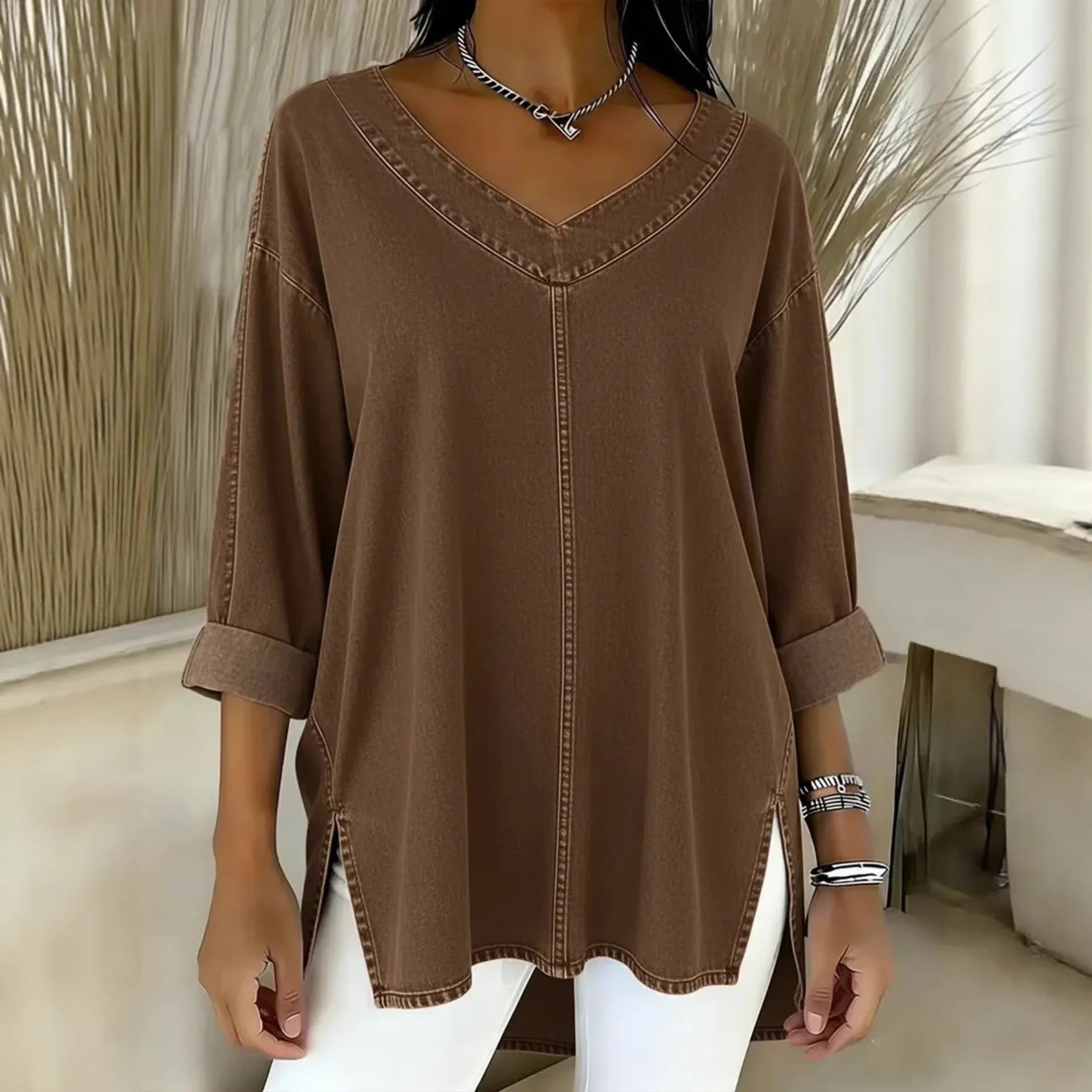 Saoirse Callahan | Washed Denim V-Neck Tunic Top with Side Splits