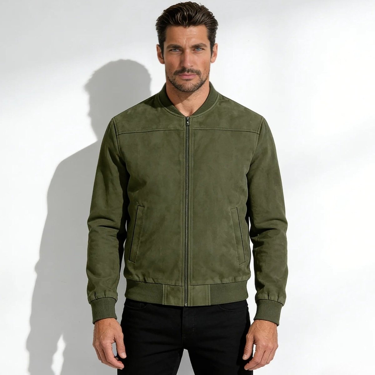 Adrian Beaumont | Microsuede Bomber Jacket with Refined Edge (Olive Green)