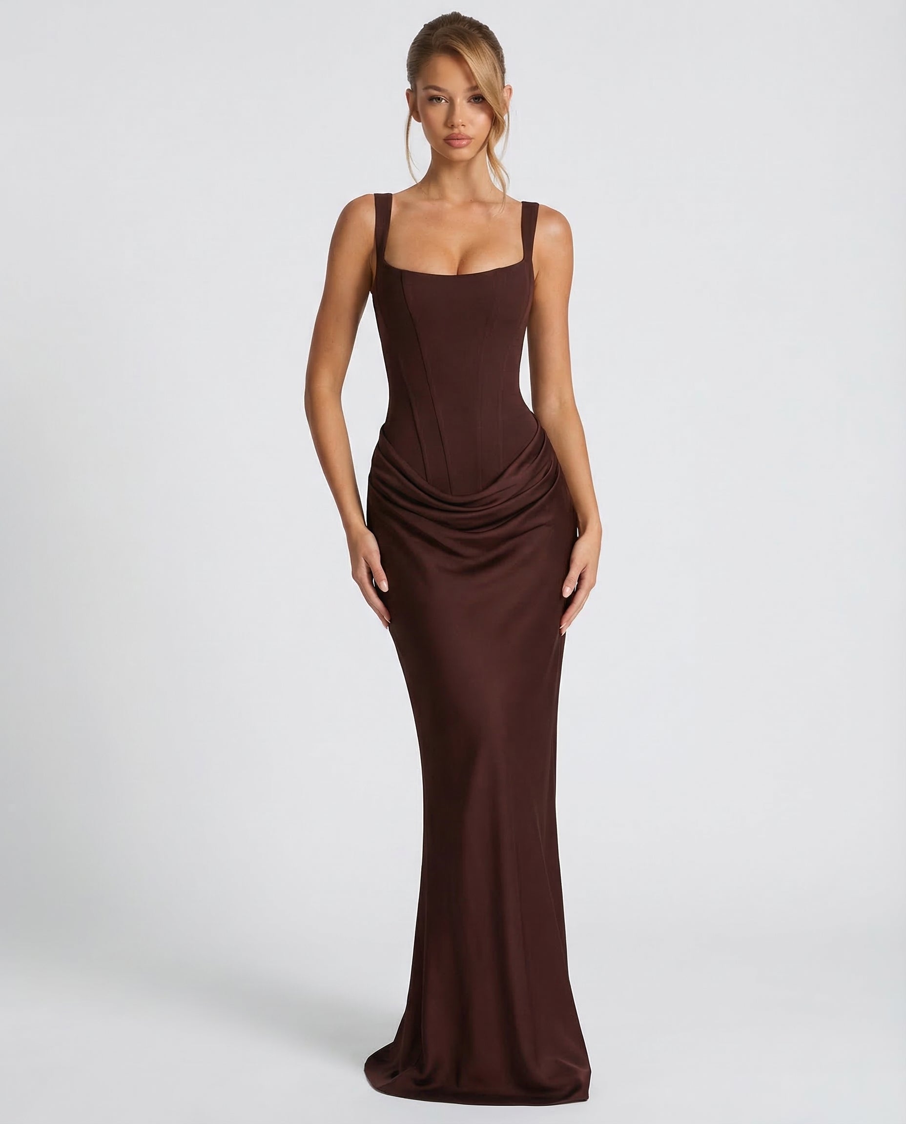 Arabella Scott | Black Corset Maxi Dress with Draped Detail