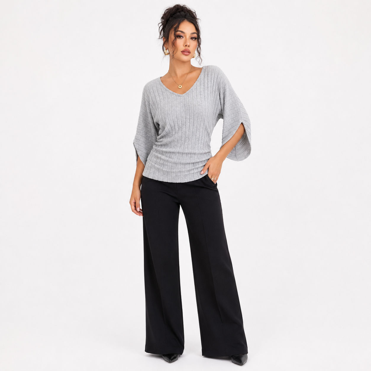 Amelia Cooper | Ribbed V-Neck Knit Top