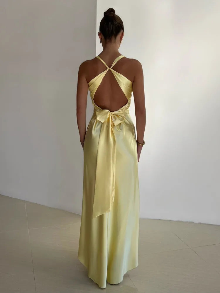 Amélie Rousseau | Women’s Satin Halter Neck Maxi Dress – Ruched Backless Evening Gown