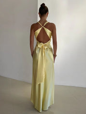 Amélie Rousseau | Women’s Satin Halter Neck Maxi Dress – Ruched Backless Evening Gown