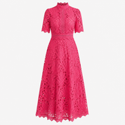 Arabella Courtney | Ornate Lace High-Neck Midi Dress in Fuchsia Pink