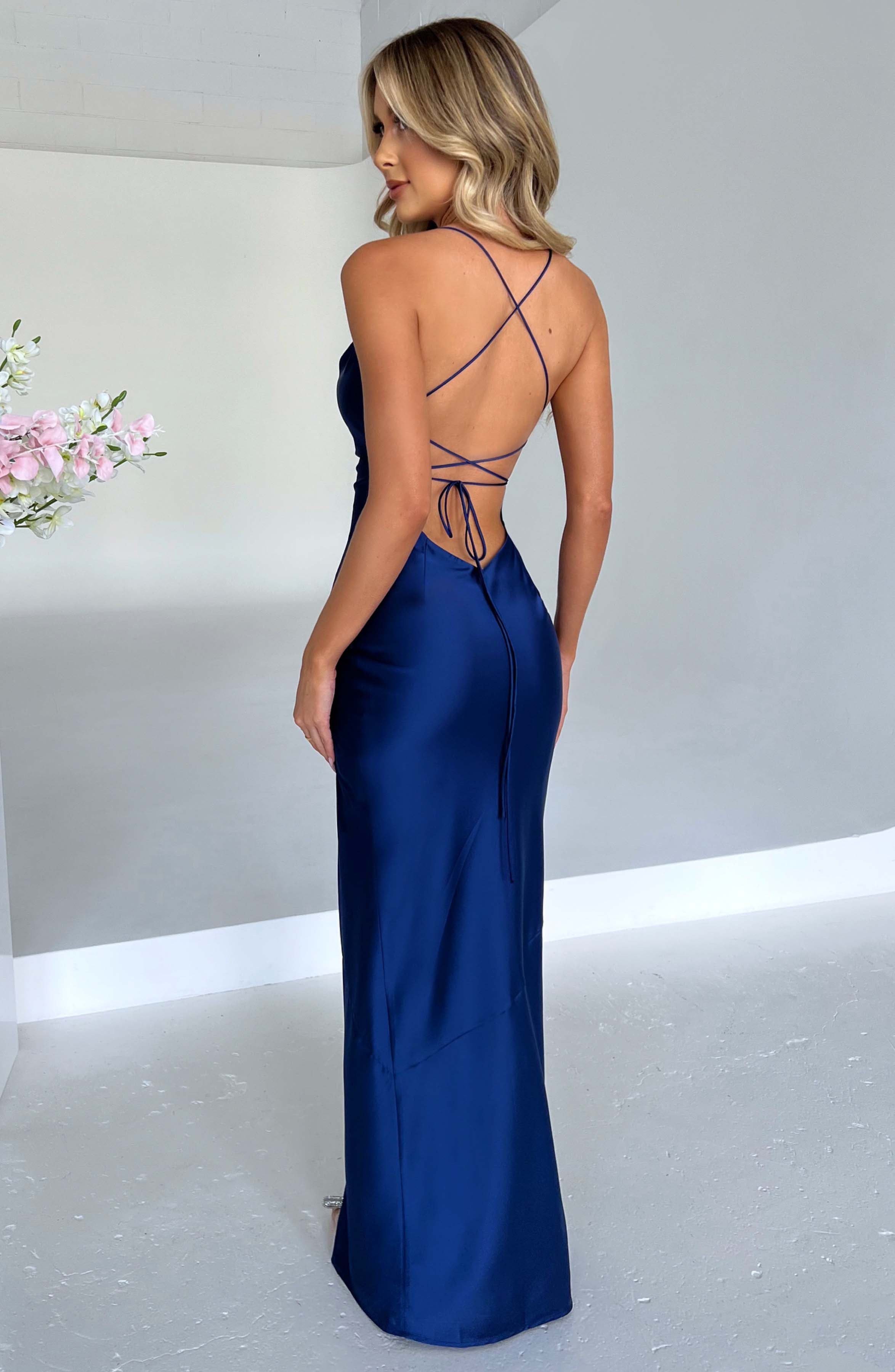 Arabella Montclair | Navy Satin Maxi Cocktail Prom Dress