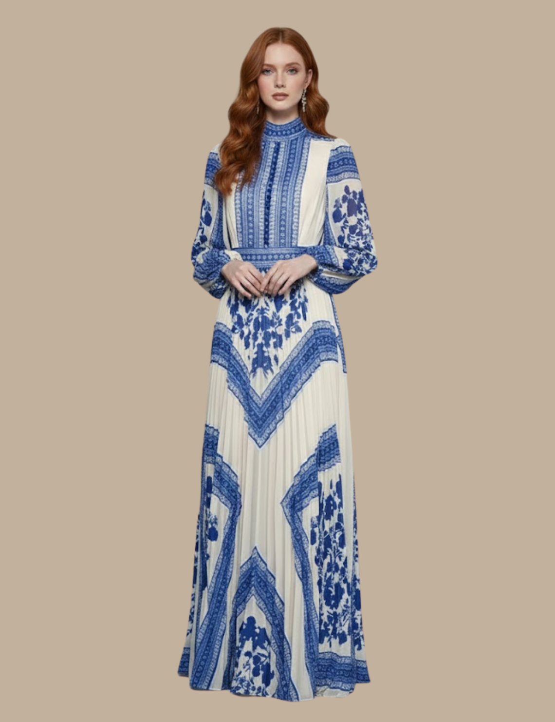 Arabella Saintmere | Women’s Pleated Maxi Evening Dress – High Neck Long Sleeve Formal Gown