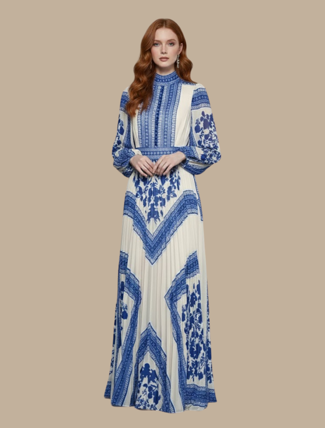 Arabella Saintmere | Women’s Pleated Maxi Evening Dress – High Neck Long Sleeve Formal Gown