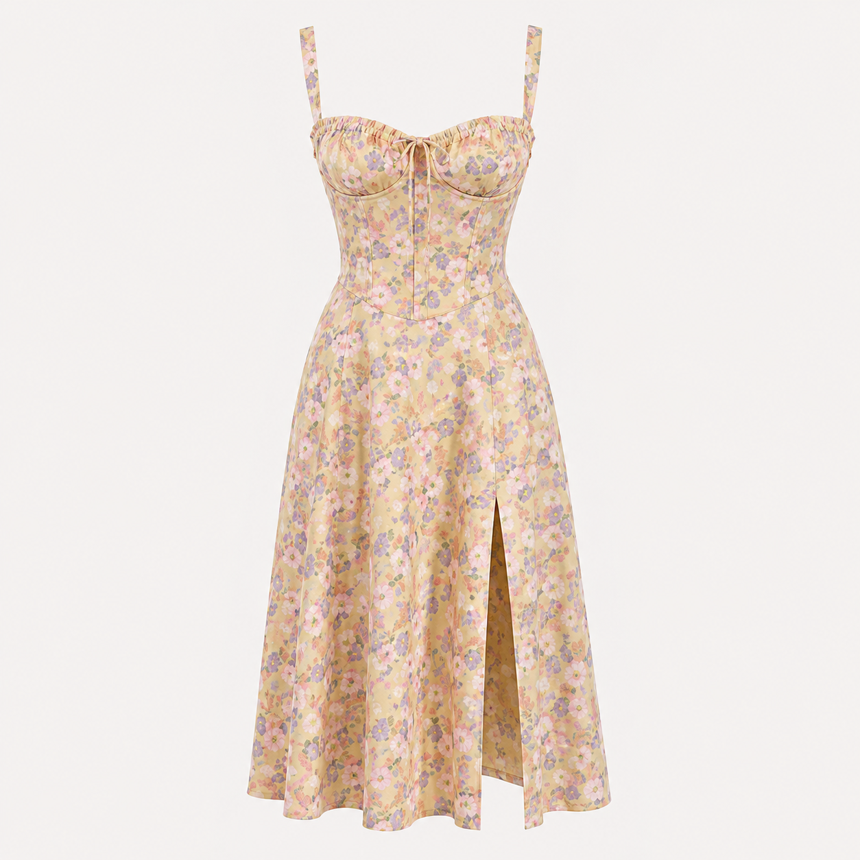 Arabella Weston | Floral Satin Midi Dress with Corset Bodice