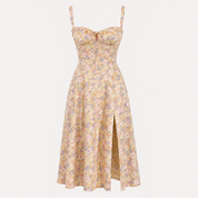 Arabella Weston | Floral Satin Midi Dress with Corset Bodice