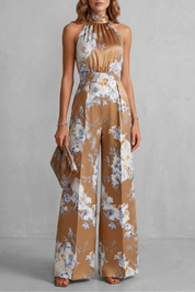 Philippa Hartwell | Romantic Floral Print Halter Jumpsuit in Gold Satin