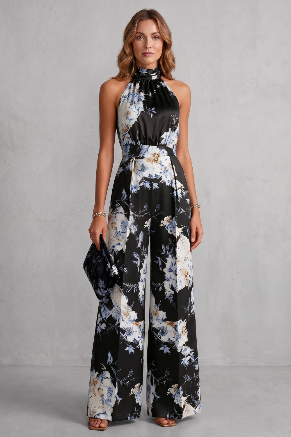Philippa Hartwell | Romantic Floral Print Halter Jumpsuit in Gold Satin